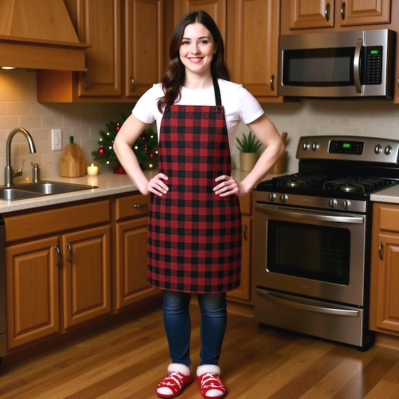 Roter Büffel kariert Schürze: Kochen Backen Bäckerei Chef Küche Esszimmer Garten Basteln Unisex Buttons Krawatten Damen Herren Damen Florist Grillen BBQ