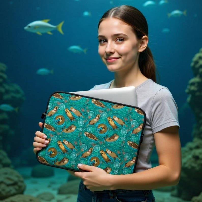 May include: Teal laptop sleeve featuring a repeating pattern of otters, with a black border. The otters are brown and tan, set against a teal background with white swirls and circular designs. The sleeve is held by a person in front of an underwater background.