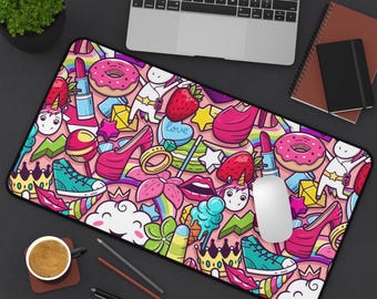 Candycore Desk Mat, Kawaii Collage Desk Mat Collage Extra Large Mouse Pad, Cute Y2K Doodle Pattern, Sticker Bomb Anime Gaming Mat