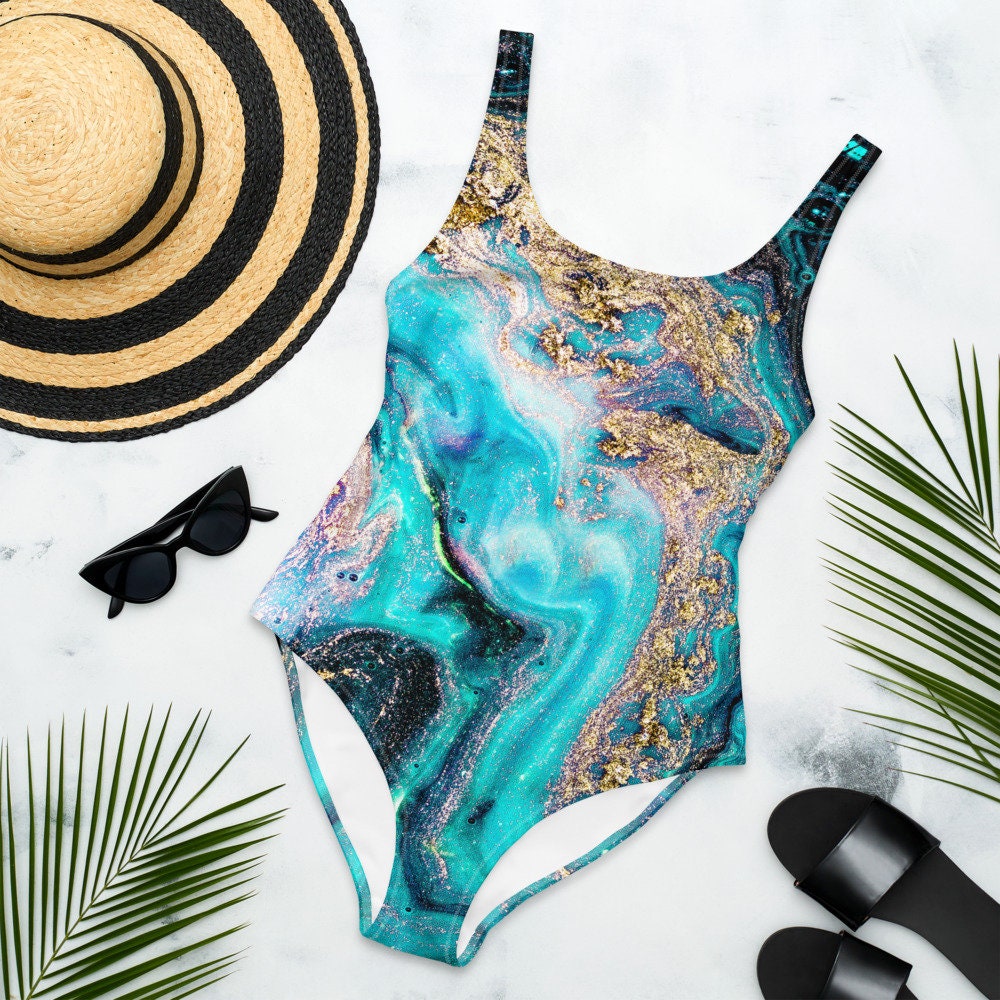 Discover Geode Bikini, swimsuit, Bathing Suit - Women's, Youth, Kids, Children Tanning, Sun, Ocean, Vacation, Sparkle, Gold, Paint Pour, Blue