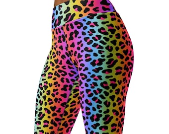 Colorful Rainbow Leopard Print Leggings, Bright Neon Animal Pop Art Yoga Pants, Y2K Aesthetic Apparel, 90s Style Exercise Pants, Gym Pants