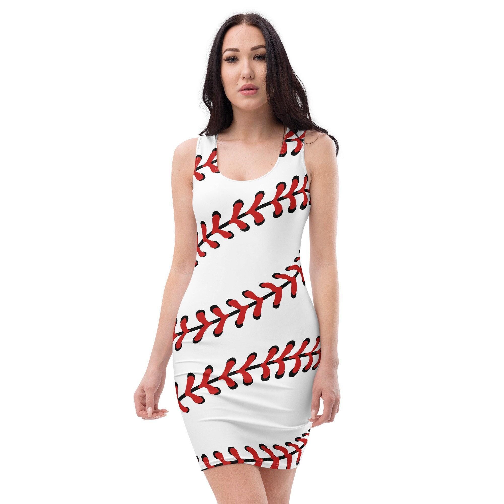 baseball bodycon dress Stitches Skater Dress, Sporty Ball Game Fit and Flare Dress, Baseball Fan Outfit for Game Day and Parties, Baseball Lovers Party thigh length flared skirt Extra Small / Blue Zeagoo Womens Sleeveless Sweater Color:White Dot