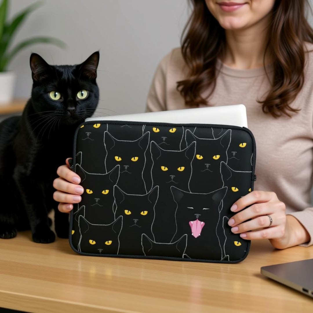 Computer Cat Covers Black Cat Print Laptop Sleeve, Case, Protective, Cover, Neoprene ...