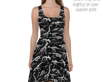 Dinosaur Skater Dress, Bodycon Fitted Dress, T-Shirt Dress Skater Skirt - Ladies, Girls, Evening Date Night, Party, Cocktail, Bones