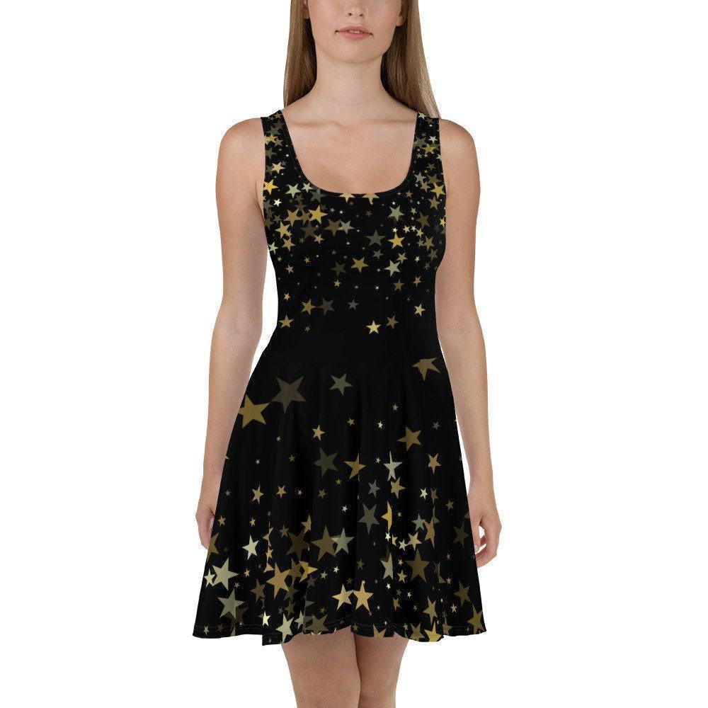 Gold Falling Stars Skater Dress, Bodycon Fitted Dress, T-Shirt Dress, Skater Skirt - Casual, Shimmery Twinkle Night Christmas Sparkle