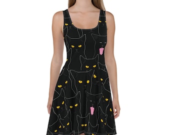 BLACK CAT Skater Dress, Bodycon Fitted Dress, Skater Skirt - Women, Ladies, Girls, Fun Date Night, Party, Cats, Pet, Kitty, Kitten