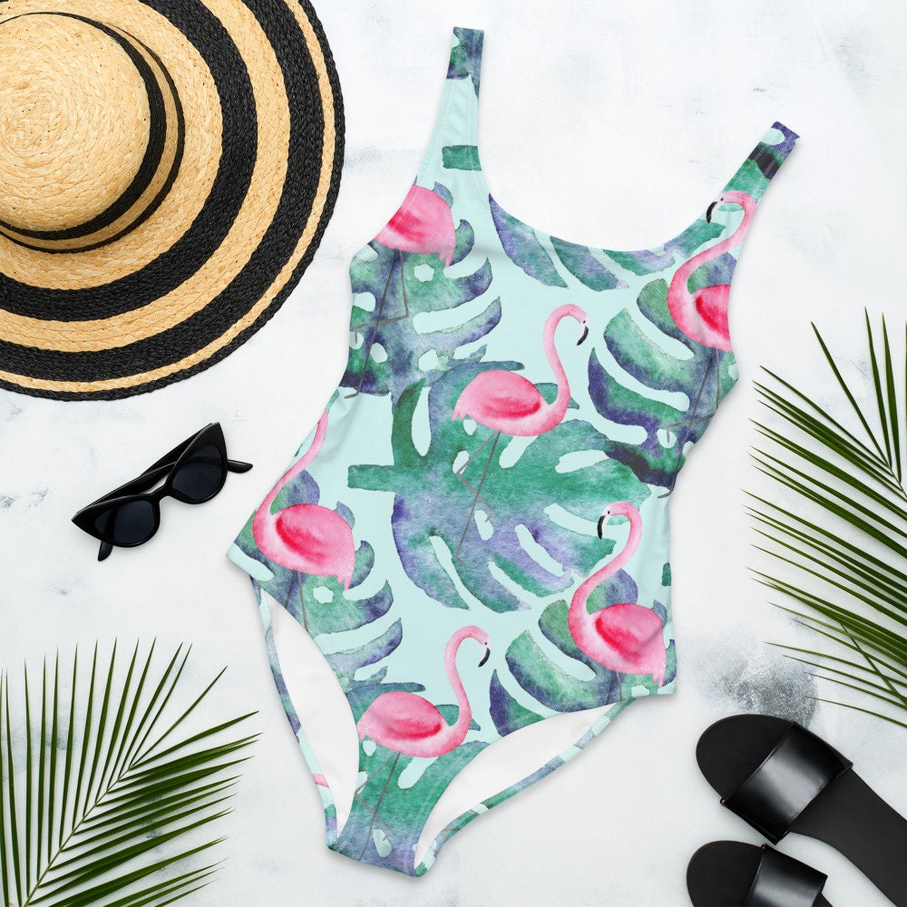 Discover FLAMINGO Bikini, Swimsuit, Bathing Suit - Women's, Youth, Kids, Children, Swim, Summer, Palm Leaves, Bird, Flock, Feather, Watercolor, Zoo