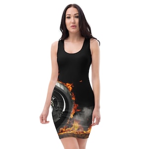 Motorcycle with Flames Bodycon Fitted Dress, T-Shirt Dress, Ladies, Girls, Tire, On Fire, Motorbike, Bike, Trike, Fuel, Travel Racing Rally