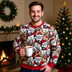 UGLY CHRISTMAS SWEATER Unisex Crew Neck Sweatshirt: Men, Women, Adult, Teen, Red, White, Reindeer, Santa Claus, Snowman, Top Hat, Antlers