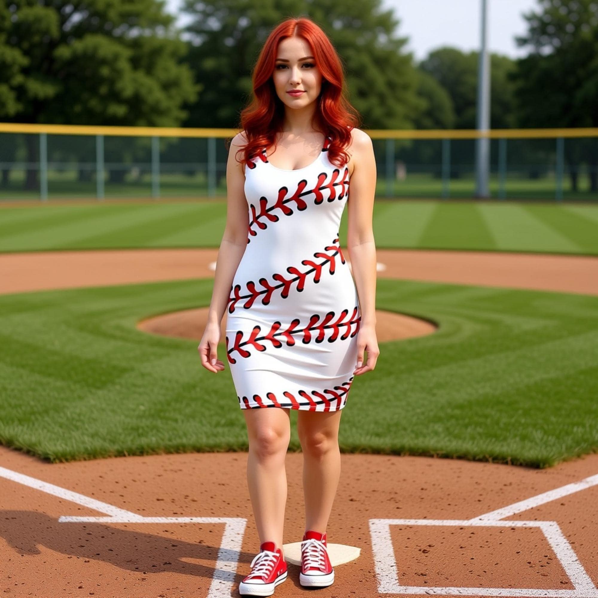 Baseball Stitches Skater Dress, Sporty Ball Game Fit and Flare Dress, Baseball Fan Outfit for Game Day and Parties, Baseball Lovers Party