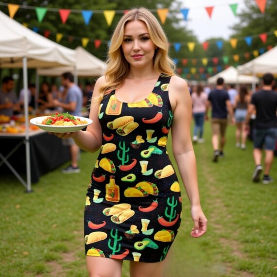 Taco Print Skater Dress, Fun Food Pattern Dress, Cinco de Mayo Fit & Flare Dress, Fiesta Party Dress, Foodie Fashion, Summer Mexican Themed