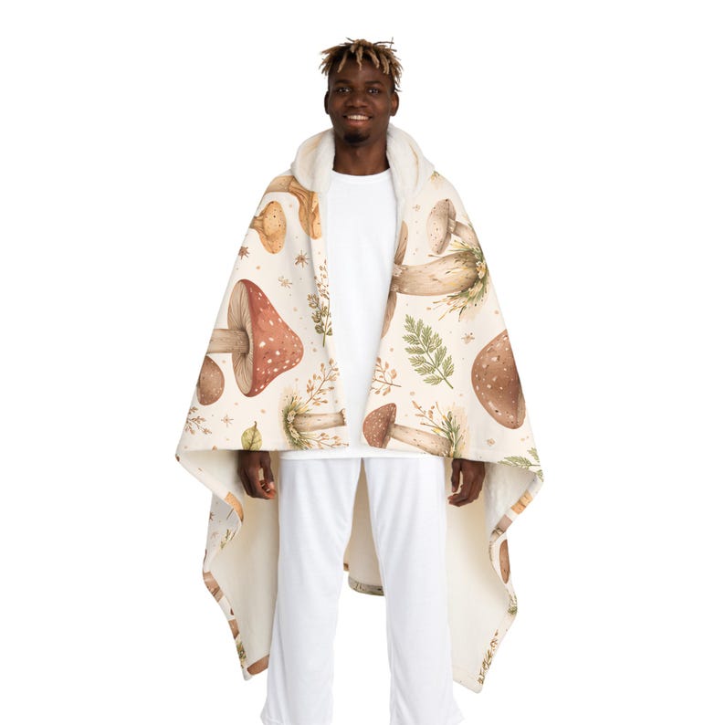 Mushroom Sherpa Blanket, Botanical Cottagecore Wearable Blanket Hoodie, Nature Lover Youth Hooded Towel, Warm Woodland Gift for Kids Adults image 2
