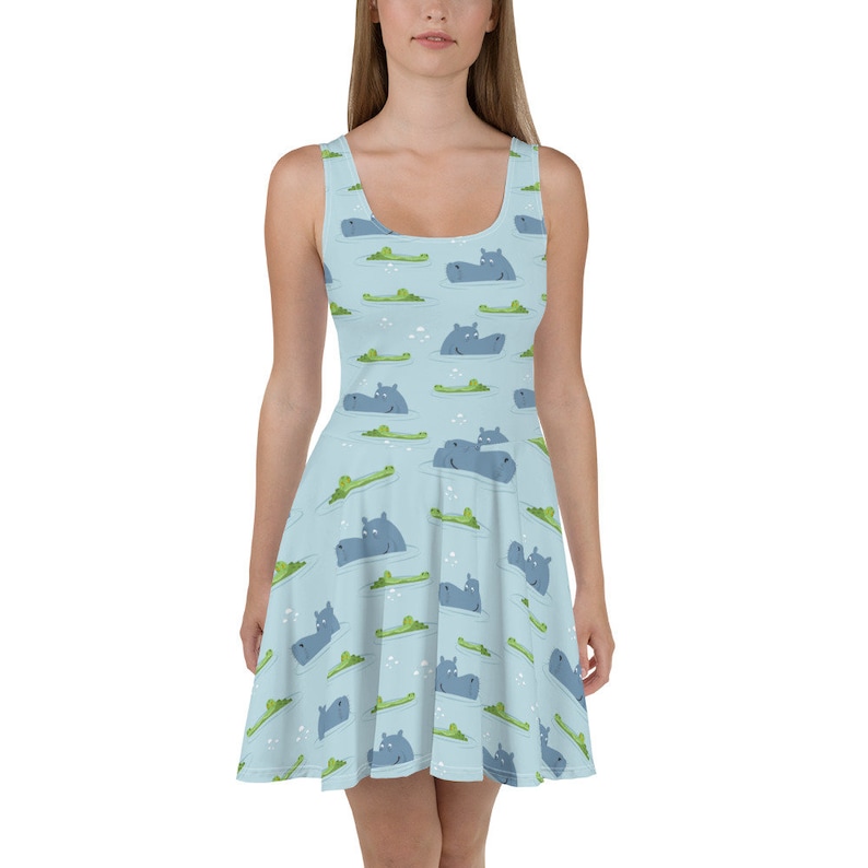 Women Party Hippos and Crocodile Stretchy Fitted Dress or Flowy Skater Dress Girls Evening Casual Fun Date Night Cocktail Croc Ladies