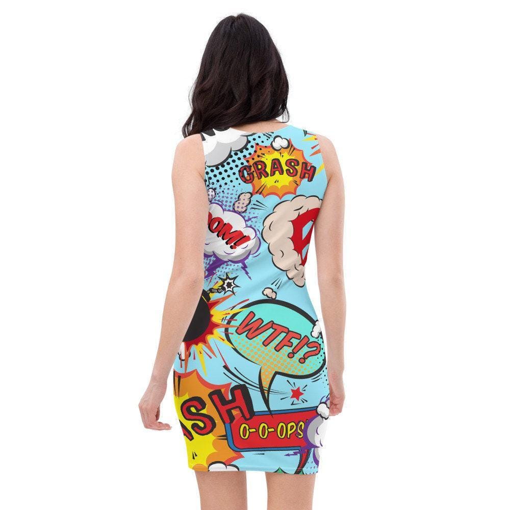comic book bodycon dress Comic Book Skater Dress, Pop Art Bodycon Dress, Retro Comic Print Fit and  Flare Dress, Colorful Graphic Party Dress Women