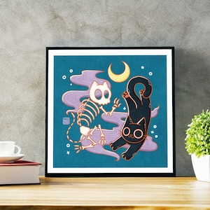 Twin Skeleton Kitty Black Cat Cute Kawaii Art Print | Animal Illustration | Illustrated Art Print | Bedroom Art | Cat Print Cute Kawaii Art