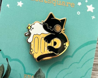 Cat Butter Beer Hard Enamel Pin | Kawaii Black Kitty Lapel Pin | Cute Craft Beer Cats Pin