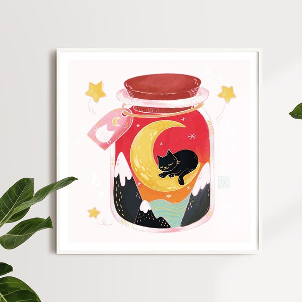 Moon Kitty Jar Cute Kawaii Art Print | Anime Illustration | Illustrated Art Print | Bedroom Art | Bear Print | CuteArt Print | Kawaii Art