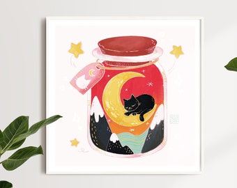 Moon Kitty Jar Cute Kawaii Art Print | Anime Illustration | Illustrated Art Print | Bedroom Art | Bear Print | CuteArt Print | Kawaii Art