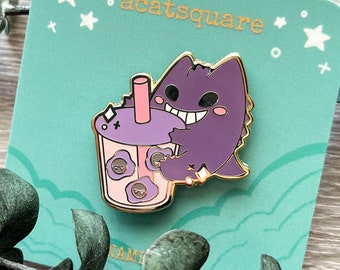 Boba Gengar Hard Enamel Pin | Kawaii Sweet Poke Drink Lapel Pin | Cute Gastly Boba Tea Monster Cafe Pin