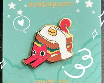 BLT and Egg Kitty Sandwich Hard Enamel Pins | Kawaii Cat Cafe Lapel Pin | Cute Feline Sando Lunch Pin | Egg Yolk Ketchup Cat