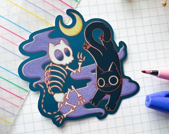 Midnight Kitty & Skull Matte Mirror Vinyl Sticker | Cute Black Cat Sticker | Spooky Kawaii Sticker | Scrapbook Journaling Planner Sticker