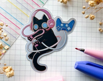 Gamer Kitty Matte Holographic Vinyl Sticker | Cute Cat Sticker | Kawaii Animal Sticker | Scrapbook Journaling Planner Sticker