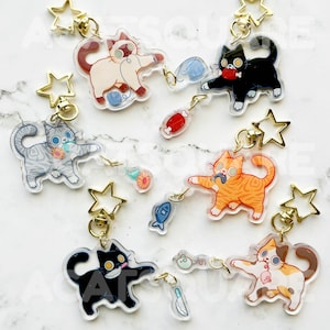 Kitty Dangly Acrylic Keychain | Kawaii Cat Epoxy Charm | Cute Black Tabby Siamese Tuxedo Orange Calico Cat