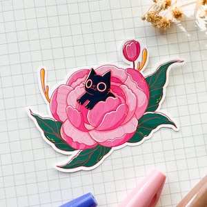 Rosa Pfingstrose Schwarze Katze Matt Vinyl Aufkleber | Süßer Kitty Sticker | Kawaii Tier Aufkleber | Scrapbook Journaling Planer Aufkleber