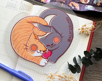 Acatsquare Kitty Love Frosted Translucent PVC Hand Fan | Kawaii Cat Heart Plastic Fan | Cute Black Cat Orange Tabby Summer Fan