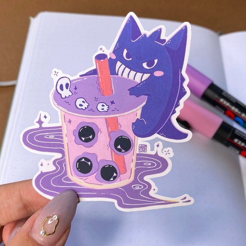 Boba Gengar Gastly Matte Vinyl Sticker | Anime Sticker | Cute Stickers | Kawaii Stickers | Scrapbook Stickers | Journaling Planner Stickers image 3