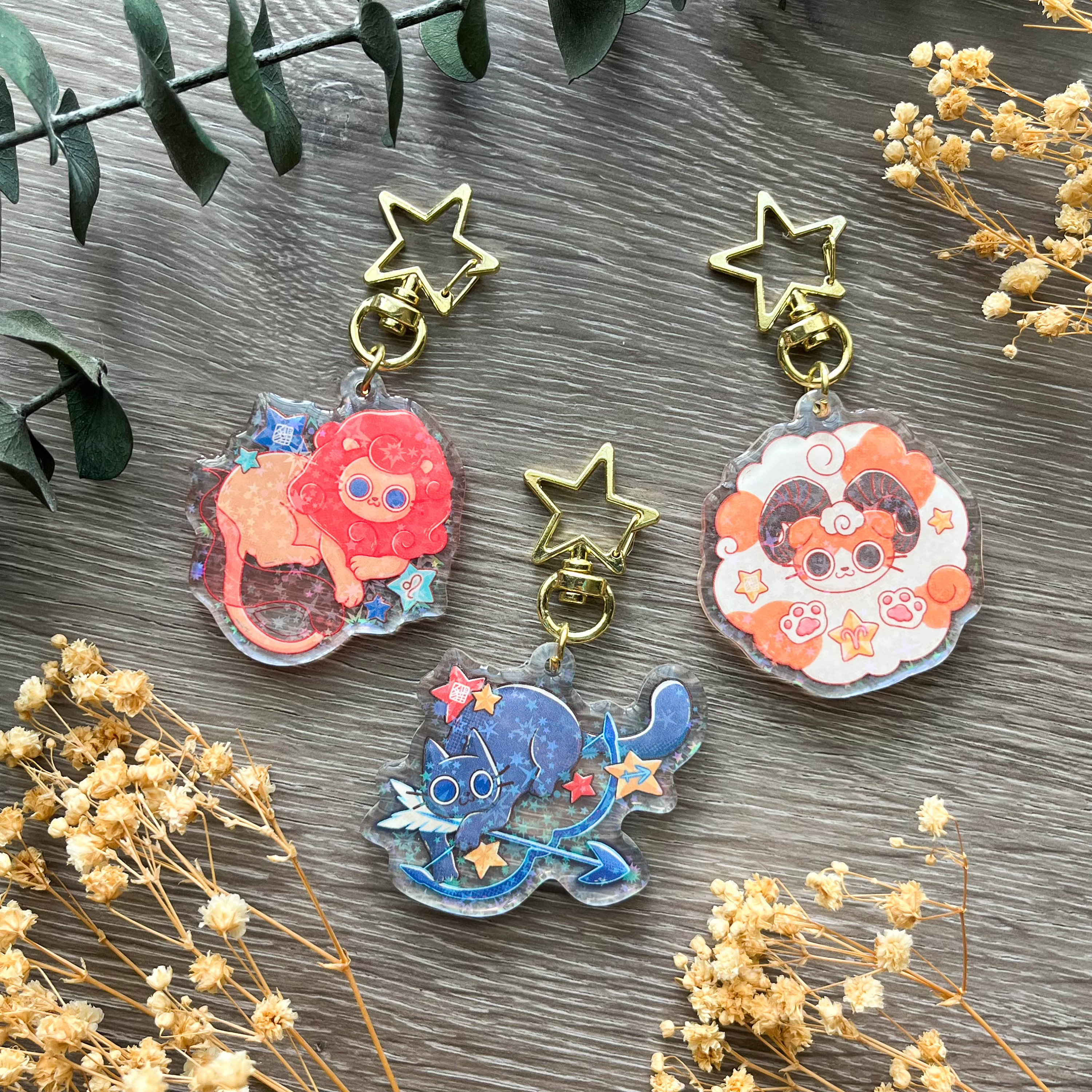 Fire Sign Zodiac Kitty Holographic Acrylic Keychain | Kawaii Cat Horoscope Charm | Aries Leo Sagittarius Cute Astrology Birthday Signs