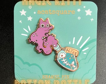 Magic Kitty Potion Hard Enamel Pins | Kawaii Cat Bottle Lapel Pin | Cute Purple Feline Pin | Anime Poison Bottle