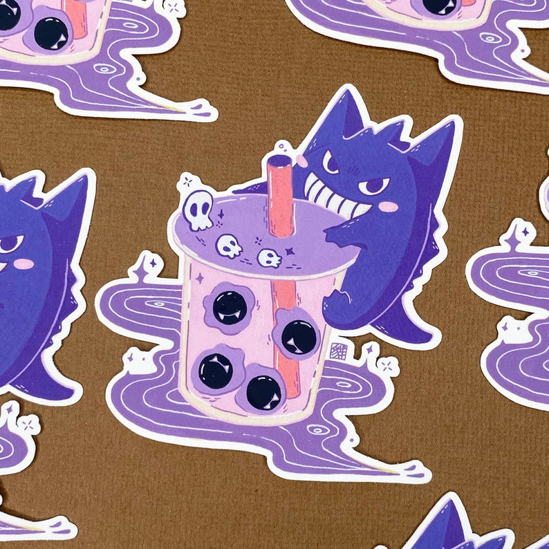 Boba Gengar Gastly Matte Vinyl Sticker | Anime Sticker | Cute Stickers | Kawaii Stickers | Scrapbook Stickers | Journaling Planner Stickers image 1