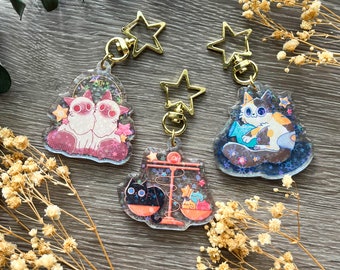 Air Sign Zodiac Kitty Holographic Acrylic Keychain | Kawaii Cat Horoscope Charm | Aquarius Gemini Libra Cute Astrology Birthday Signs