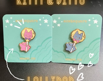 Ditto with Kitty Lollipop Hard Enamel Pins | Kawaii Cat Cafe Lapel Pin | Cute Feline Sweet Dessert | Shiny Ditto Candy accessories
