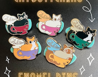 Catbuttchino Hard Enamel Pins | Kawaii Kitty Coffee Lapel Pin | Cute Feline and Cappuccino Pin | Black White Siamese Orange Tabby Tuxedo Cat