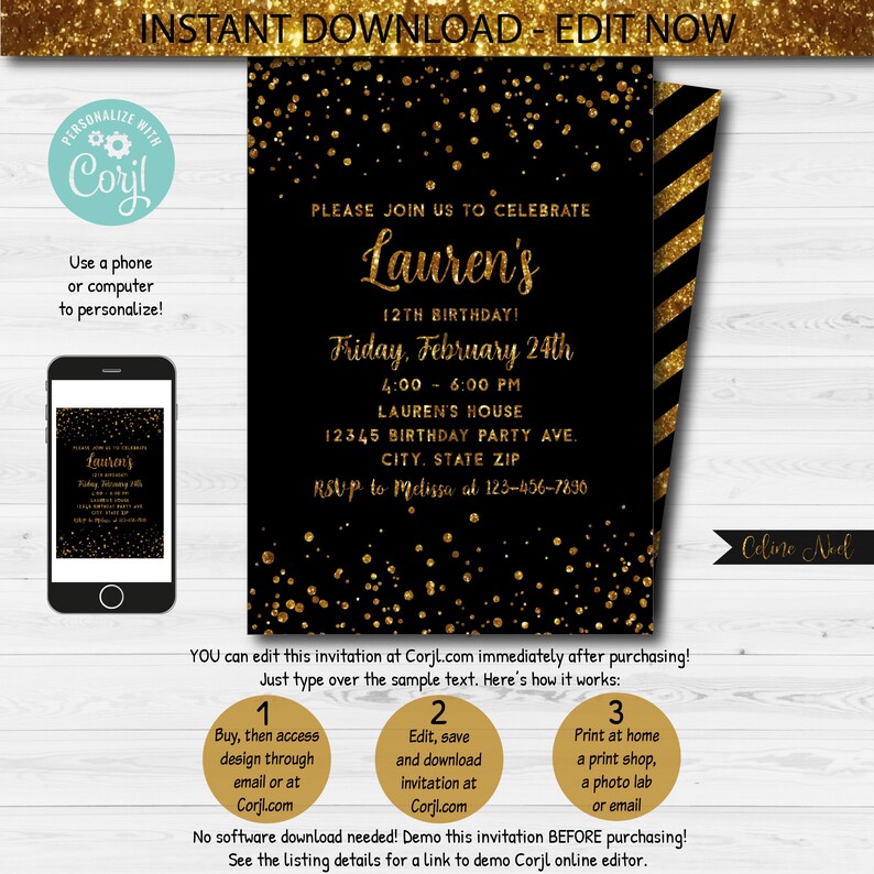 Gold Glitter Birthday Party Invitation Black and Gold Party - Etsy