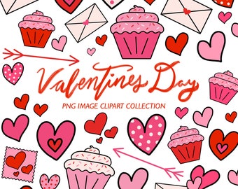 Valentine's Day Clipart Pack, Cute Valentine's Day Digital Clipart Bundle, 18 PNG Images, 300 DPI, Hearts - Arrow - Cupcake - Letter - Love