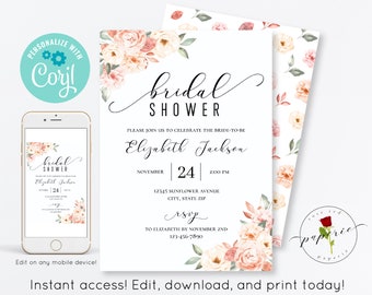 Floral Bridal Shower Invitation, Pink Floral Bridal Shower Invite, Editable Invitation Template, Bridal Shower Invitation, Instant Download