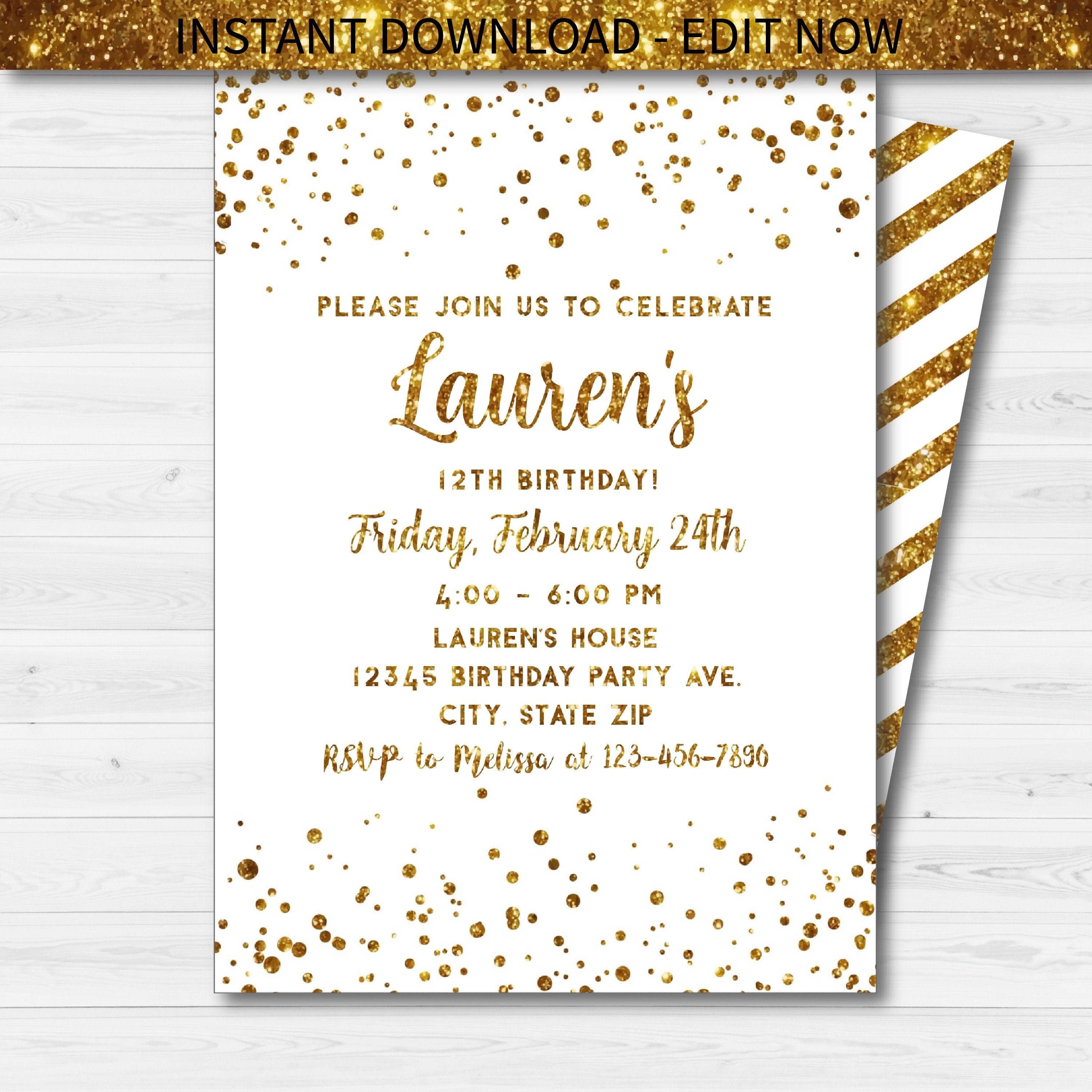 Gold Glitter Birthday Party Invitation Template Digital Etsy