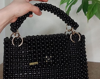 Bolso de cuentas negro 100% hecho a mano, bolso de cuentas negro, bolso de noche