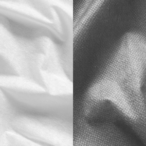 Peut inclure: Image divisée en deux, présentant deux textures de tissu distinctes. Le côté gauche montre un matériau blanc, doux et légèrement froissé. Le côté droit présente un tissu gris texturé avec un motif tissé subtil. Les deux côtés ont des ombres douces.