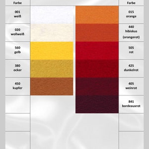 May include: A color chart with swatches of different shades of white, yellow, orange, and red. The chart includes the color names and corresponding numbers. The colors are arranged in a vertical column from lightest to darkest.