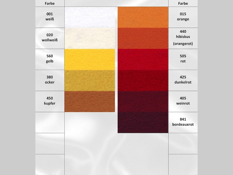 May include: A color chart with swatches of different shades of white, yellow, orange, and red. The chart includes the color names and corresponding numbers. The colors are arranged in a vertical column from lightest to darkest.