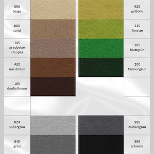 May include: Color chart with 12 fabric swatches in various shades of beige, brown, green, gray, and black. Each swatch is labeled with a number and a German word describing the color.