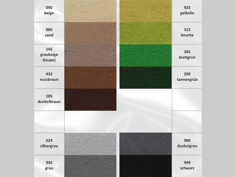 May include: Color chart with 12 fabric swatches in various shades of beige, brown, green, gray, and black. Each swatch is labeled with a number and a German word describing the color.