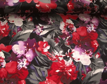 Cotton fabric stretch grey 99-02-BVU with floral print red-purple