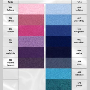 May include: A color chart with swatches of different shades of pink, purple, blue, and teal. The chart is labeled with the color names and corresponding numbers.