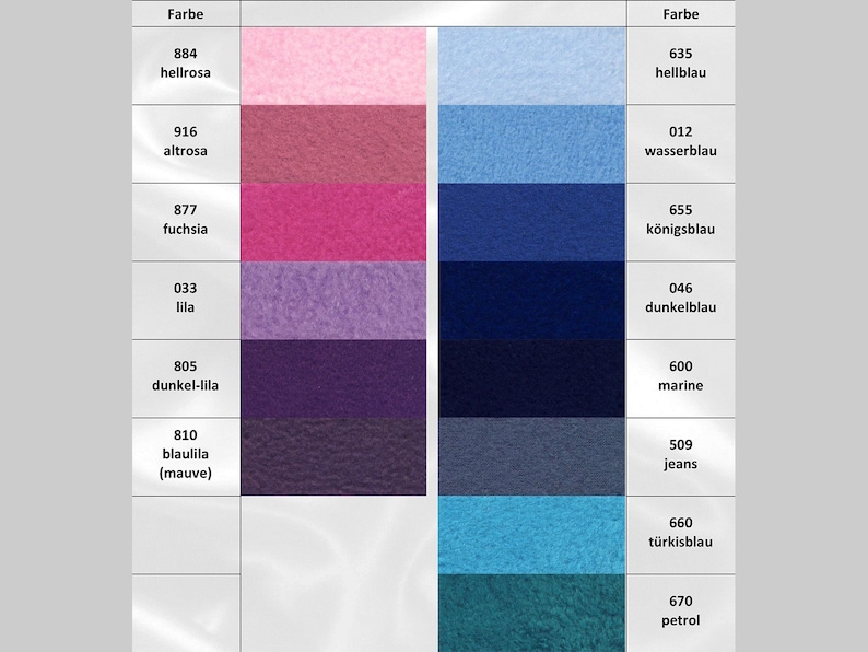 May include: A color chart with swatches of different shades of pink, purple, blue, and teal. The chart is labeled with the color names and corresponding numbers.