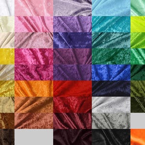 May include: A collection of 24 fabric swatches in various colors, including white, pink, purple, teal, green, yellow, red, orange, brown, and black. The fabric has a crushed velvet texture.